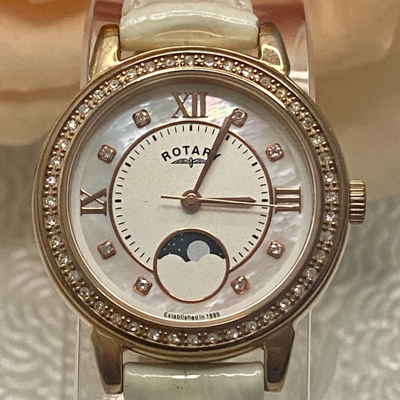 Gorgeous Rotary Mother of Pearl Dial Crystal Bezel Moon Phase Watch LS00164/41 - Picture 5 of 15